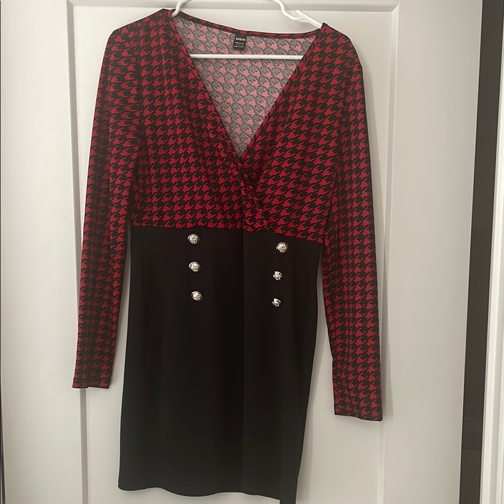 SHEIN Red and Black Buttoned Houndstooth Dress Size L NWOT